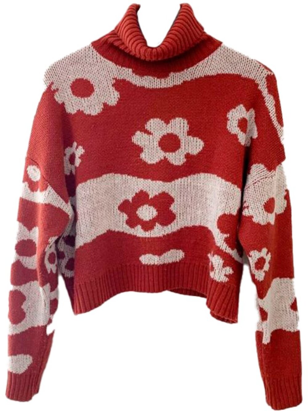 Red & White Floral Turtleneck Sweater
